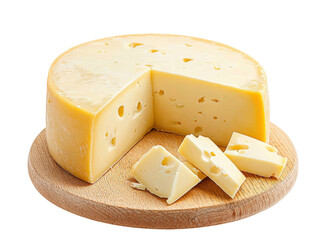isolated transparent Background. Creamy smoked gouda cheese wheel with cut slice on wooden board