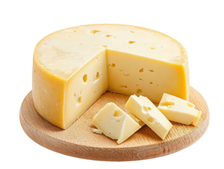 isolated transparent Background. Creamy smoked gouda cheese wheel with cut slice on wooden board