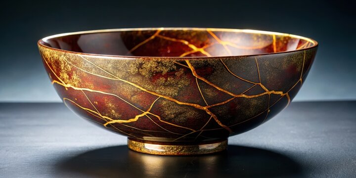 Ancient Japanese lacquerware artistry displayed in a stunning black Kintsugi bowl with intricate gold seams and elegant design, japaneselacquerware, antique