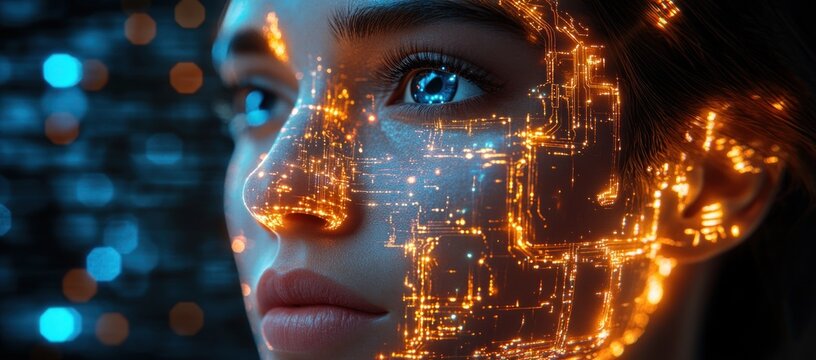 Futuristic Cybernetic Face with Glowing Circuit Patterns in Neon Lights