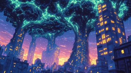 Fototapeta premium Cityscape enveloped by giant, glowing, surreal trees at sunset