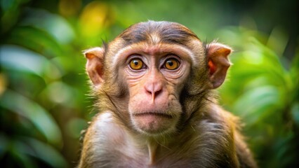 Mischief in the eyes of a curious monkey as it sniffs and explores its surroundings, showcasing its unique facial features , animal study, forest