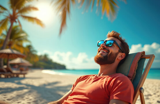 Adventurous smiling man relaxing on beach chair under palm tree. Tropical ocean. Summer vacation in paradise. Holiday get away. Carefree sunbathing bearded guy in sunglasses enjoy nature. - Powered by Adobe