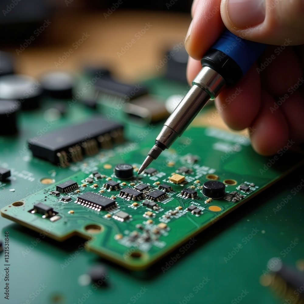 Poster a technician is carefully soldering components onto a green circuit board. the work is detailed and 