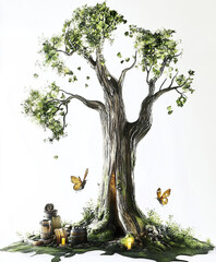 whimsical fairytale forest with towering ancient tree