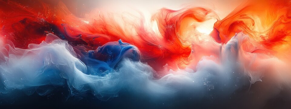 Dynamic Abstract Artwork with Red White Blue Stripes and Ethereal Smoke