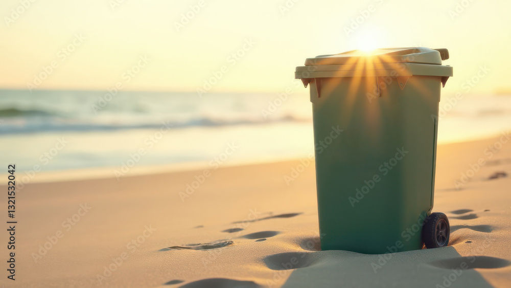 Poster a green trash bin stands on a sandy beach as the sun sets casting warm light across the scene. gentl