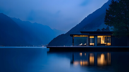 Fototapeta premium Modern Lake House At Night With Mountain Reflection In Blue Hour Tranquil Scenery Illuminated With Warm Light