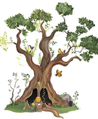 whimsical fairytale forest with towering ancient tree