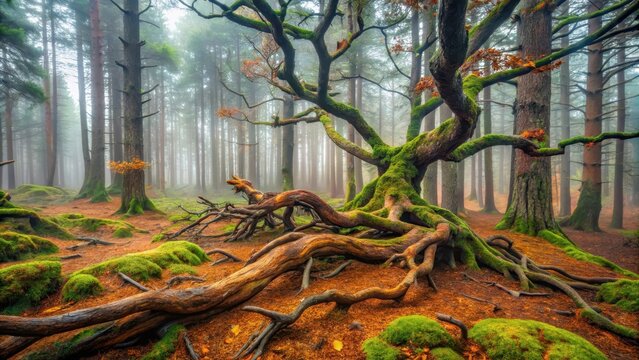 Ancient forest floor with gnarled and twisted Pinus cembra tree branches