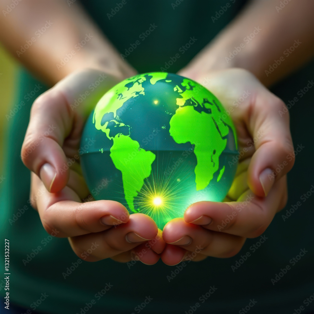 Poster two hands gently cradle a glowing green globe representing earth. the focus is on unity and environm