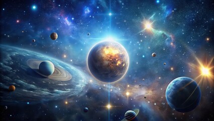 Glowing orb falls from darkening sky amidst stars and planets, glowing orbs, galaxy, glowing orbs