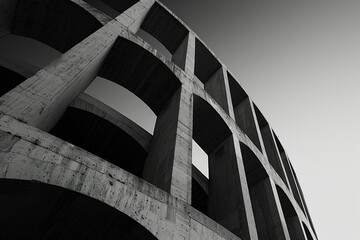 A modern architectural structure captured in black and white, showcasing a unique curved design with prominent arches and a minimalist aesthetic.