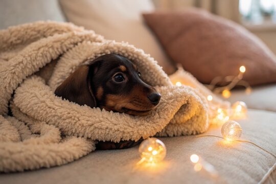 Cozy dachshund snuggled under blanket with fairy lights living room pet photography warm environment close-up view comfort and serenity - Powered by Adobe