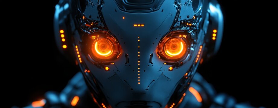 Cybernetic Alien Mask with Glowing Orange Eyes and Intricate Circuit Patterns