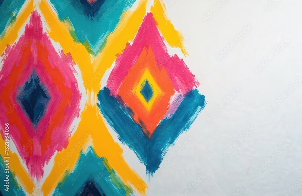 Aufkleber Colorful abstract art. Brush strokes create diamond zigzag pattern. Seamless texture for textile print wallpaper. Modern ethnic tribal design with geometric shapes in blue pink and yellow tones.