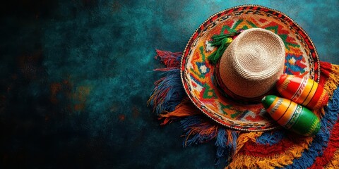 Colorful sombrero and maracas on a vibrant blue background celebrating cultural heritage and festive traditions
