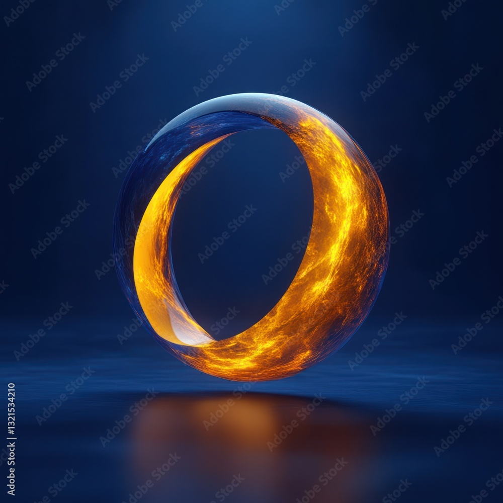 Poster floating circular object with vibrant details over deep blue background
