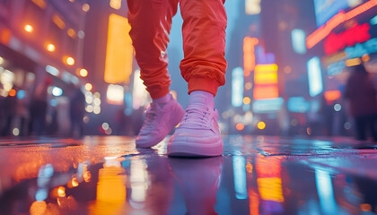 Neon-lit city street reflections mirrored in wet pavement, viewed from low angle, focusing on white shoes and orange pants
