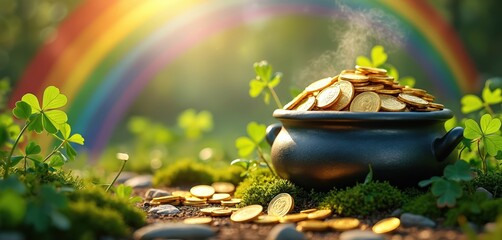 St Patricks Day concept. Close-up of pot full of gold coins with shamrock leaves. Rainbow background. Symbolizes wealth, luck, traditional Irish holiday celebration in March. Treasure hunt metaphor.
