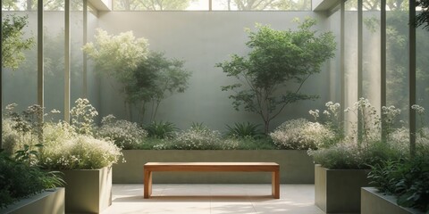 Bright Indoor Garden Space with Wooden Bench.