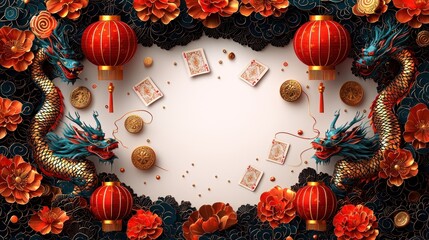 Naklejka premium Auspicious Lunar New Year Celebration with Dragons and Traditional Symbols