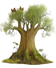 whimsical fairytale forest with towering ancient tree and butterflies