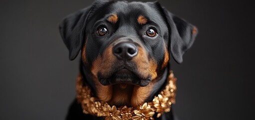 Hyper-realistic Rottweiler portrait with ornate golden collar on white background
