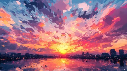 Vibrant Sunset Cityscape Painting Digital Art Colorful Sky Urban Landscape Evening Scene view water 