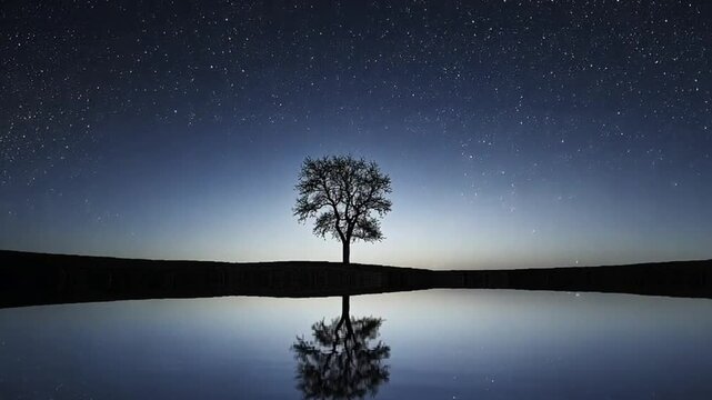 A Single Tree Reflecting a Starry Night Sky in Still Water, Creating a Moment of Perfect Harmony and Quietude