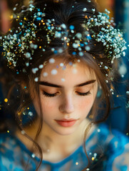 Dreamy Portrait of a Young Woman Adorned With Floral Accessories and Ethereal Lights