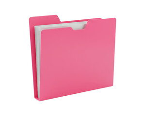 A pink file folder filled with documents, standing upright against a white background, symbolising organisation and office work