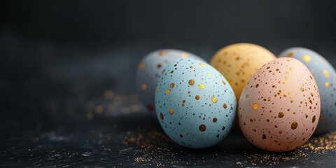 Colorfully decorated eggs with golden speckles on a dark background for celebration and decoration during spring festivities