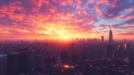 Fototapeta premium Stunning Cityscape Sunset Vibrant Orange Sky Modern Buildings Urban Panorama Beautiful Aerial View 