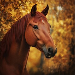 Fototapeta premium Red horse portrait standing against fall yellow trees