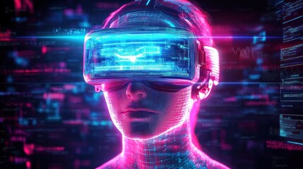 Futuristic Neon Humanoid Avatar in a Cyberpunk Virtual Reality Environment