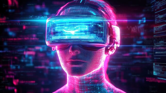 Futuristic Neon Humanoid Avatar in a Cyberpunk Virtual Reality Environment