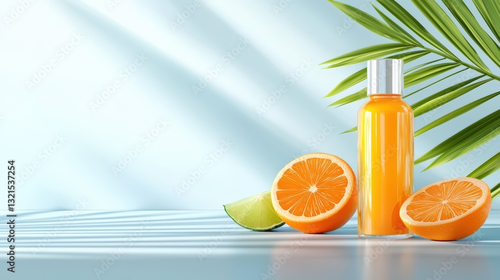 Poster a bottle of orange juice is on a table with two oranges and a lime
