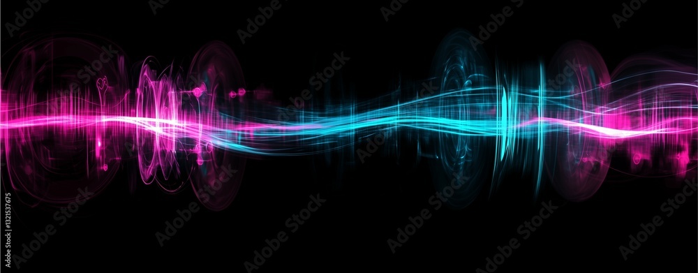 Poster sonic symphony: a vibrant abstract representation of sound waves, pulsing with energy across a dark 