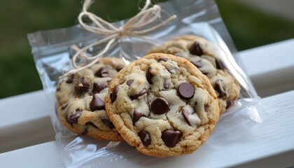 Freshly baked chocolate chip cookies in clear plastic bag
