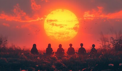 Fototapeta premium Teacher's Day Celebration Illustration of Students and Teacher under Sunset