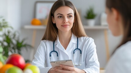 Attentive Female Doctor in White Coat Listens to Patient During Consultation