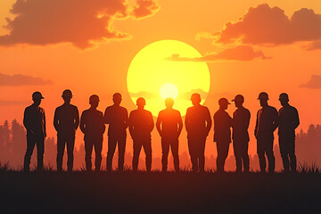 Fototapeta premium sunset teamwork construction silhouette workforce unity
