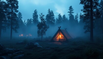 Misty forest campsite at night (1)