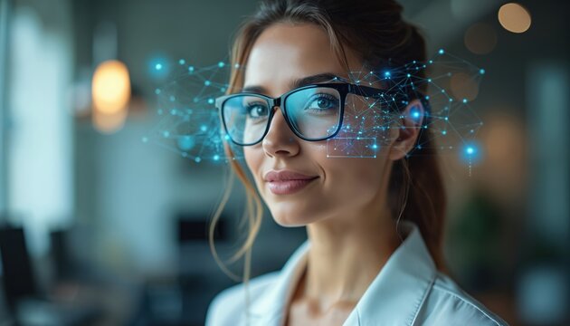 Business woman in glasses with futuristic interface. Confident brunette person smiles. Tech company employee, manager. Augmented reality innovations, neural networks, metaverse, AI, modern