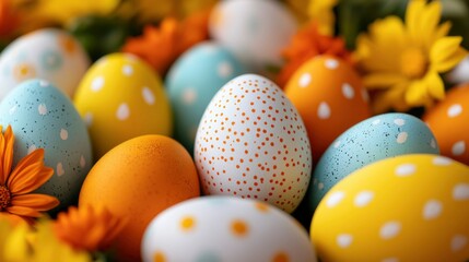 Fototapeta premium Colorful Easter eggs amongst flowers
