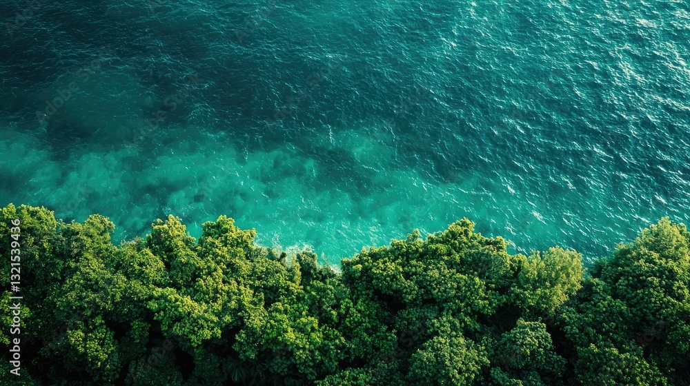 Poster a vibrant green-to-blue gradient background resembling the ocean and forest.