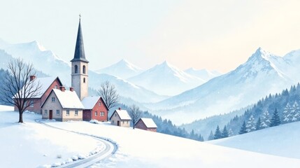Serene Winter Village nestled amidst majestic snow-capped peaks, a picturesque scene of tranquility and peace.