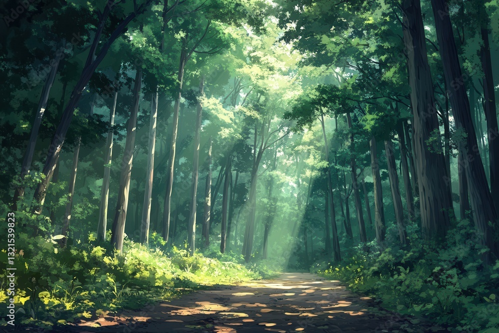 Aufkleber serene forest path leading into the heart of nature with sunlight filtering through the leaves