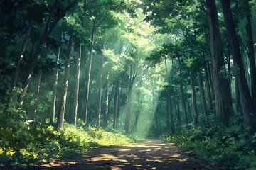 Obraz premium Serene forest path leading into the heart of nature with sunlight filtering through the leaves